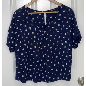 Madewell Women’s Navy Floral Short Sleeve‎ Pleated Blouse Top Oversized Small